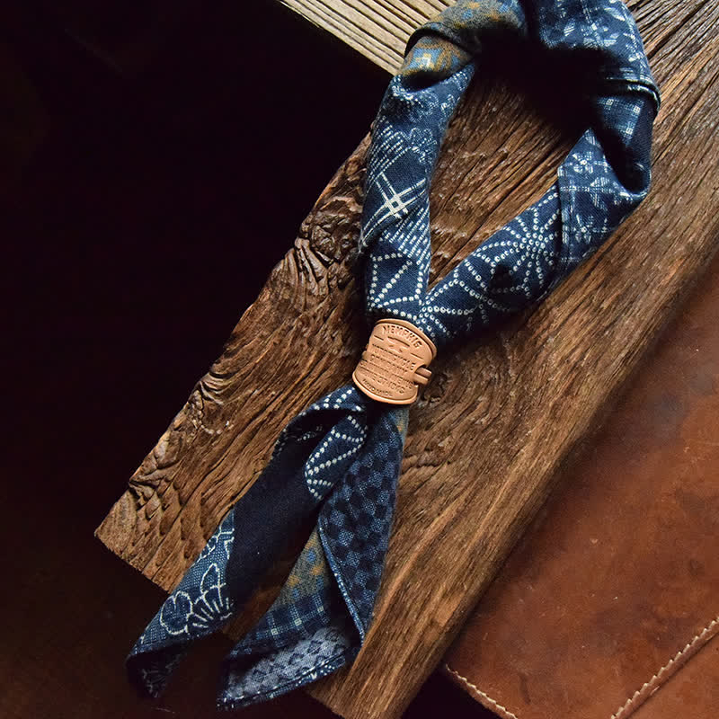 Blue Patchwork Square Scarf with Leather Scarf Buckle - Dark Blue - Style #1 - image 10