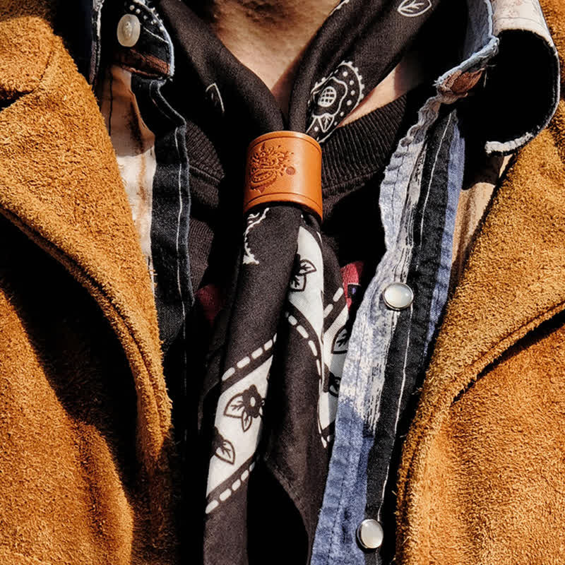 Black Tiny Paisley Square Scarf with Leather Lion Scarf Buckle - Black - image 0