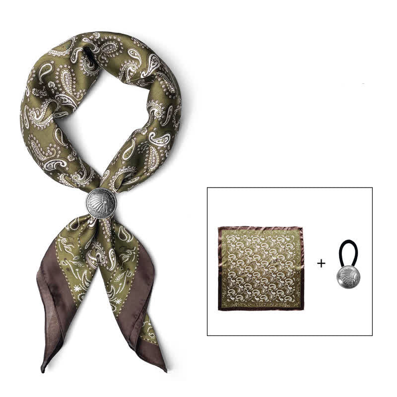 Retro Cashew Flower Square Scarf with Scarf Buckle - Olive Green - Coin Buckle - image 3