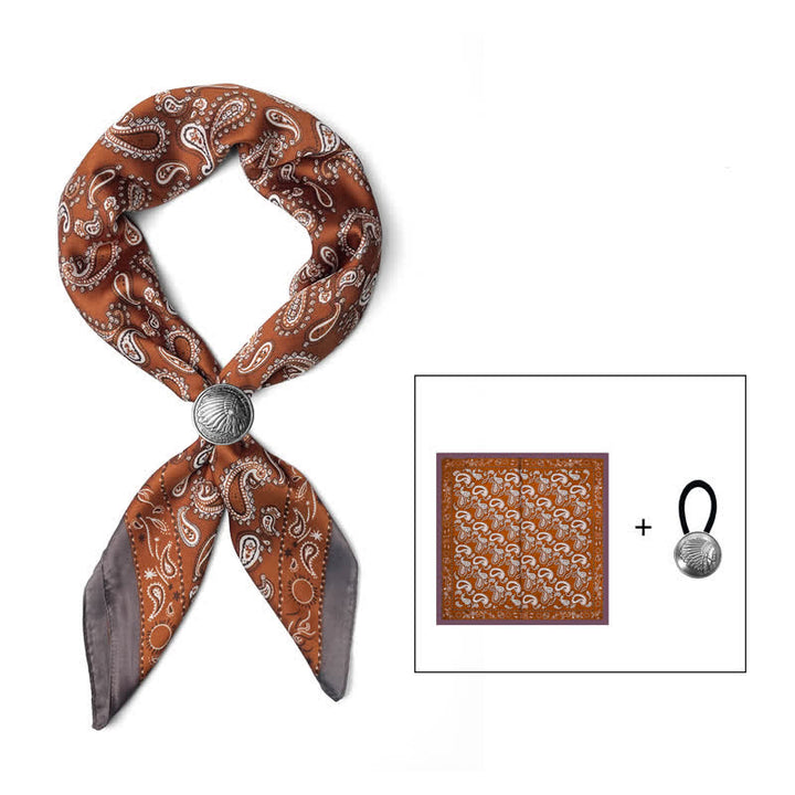 Retro Cashew Flower Square Scarf with Scarf Buckle - Dark Orange - Coin Buckle - image 7
