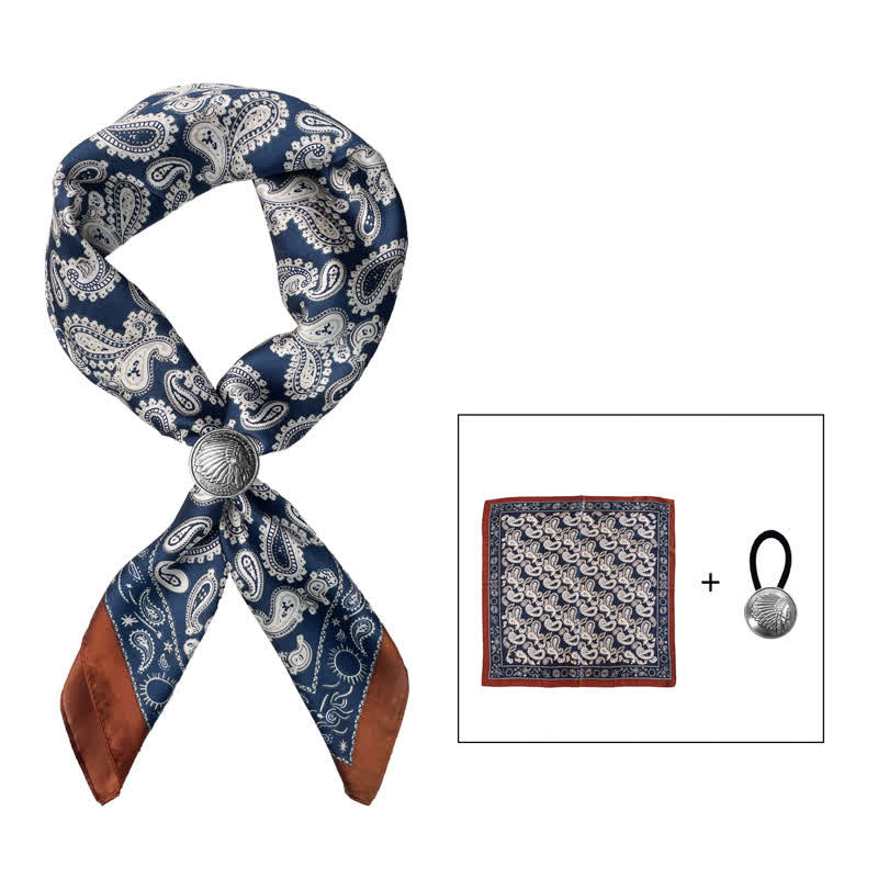 Retro Cashew Flower Square Scarf with Scarf Buckle - Navy - Coin Buckle - image 11