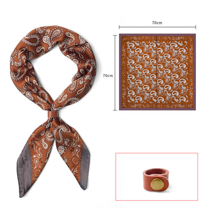 Retro Cashew Flower Square Scarf with Scarf Buckle - Dark Orange - Leather Buckle - image 6