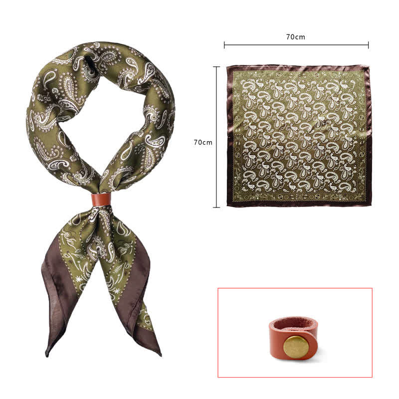 Retro Cashew Flower Square Scarf with Scarf Buckle - Olive Green - Leather Buckle - image 2