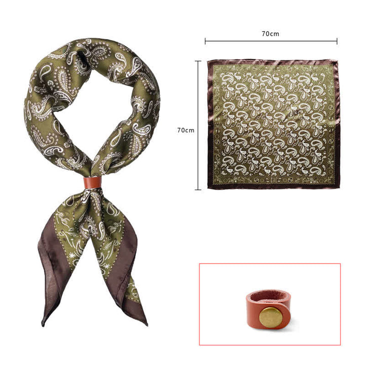 Retro Cashew Flower Square Scarf with Scarf Buckle - Olive Green - Leather Buckle - image 2