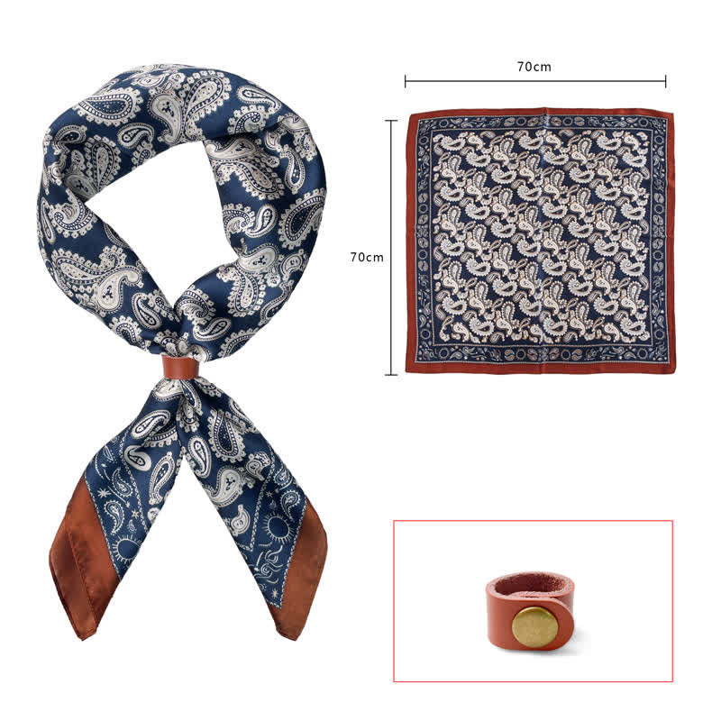 Retro Cashew Flower Square Scarf with Scarf Buckle - Navy - Leather Buckle - image 10