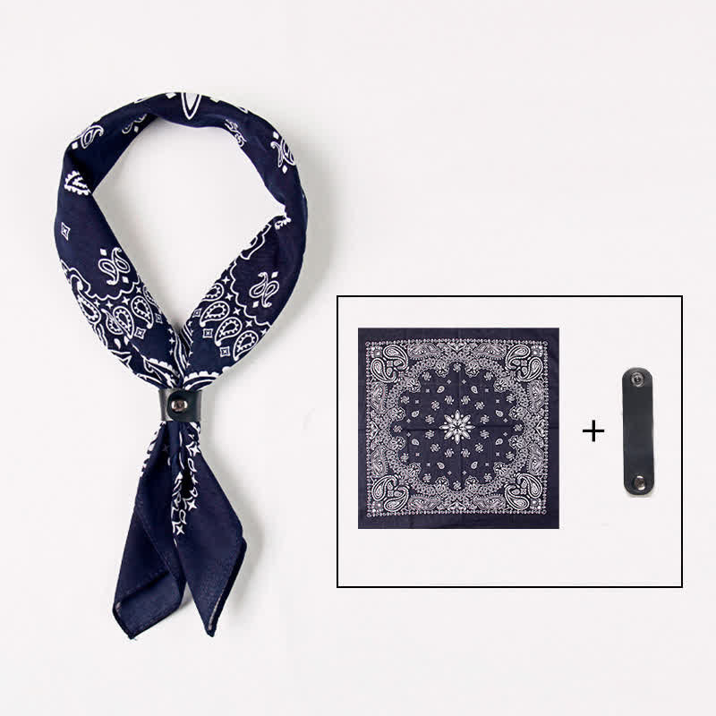 Fasion Paisley Printed Square Scarf with Scarf Buckle - Navy - image 1