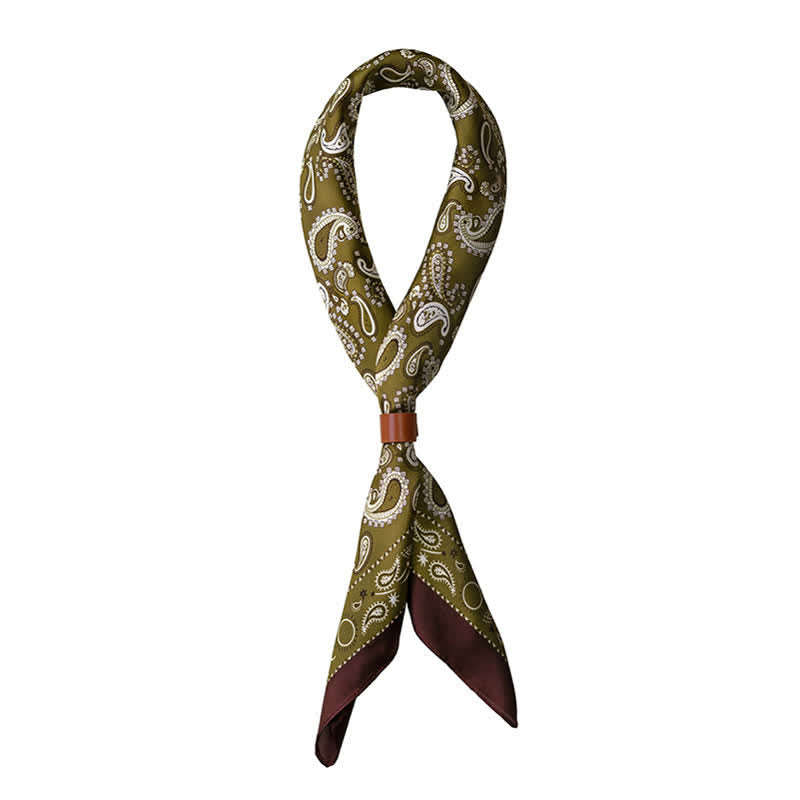 Classic Two Tone Paisley Flower Prints Square Scarf - Olive Green - image 5