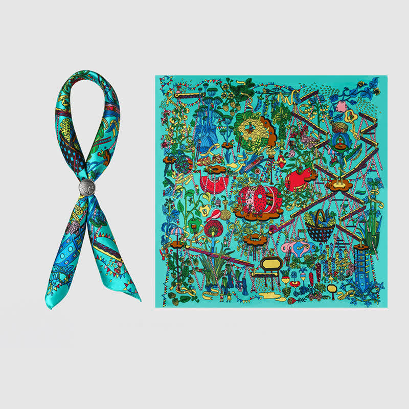 Cyan Botanical Paradise Square Scarf with Scarf Buckle - image 3