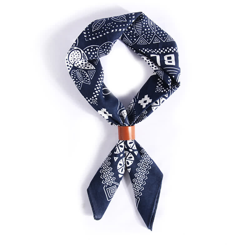 Ethnic Floral Pattern Square Scarf with Scarf Buckle - Navy - image 0