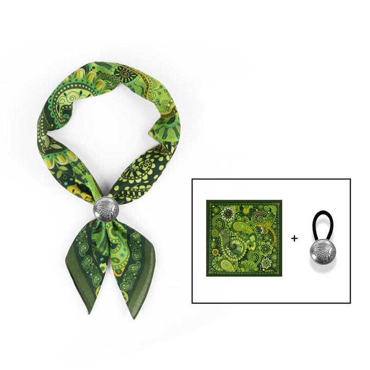 Fantastic Green Paisley Square Scarf with Scarf Buckle - Green - Coin Scarf Buckle - image 3