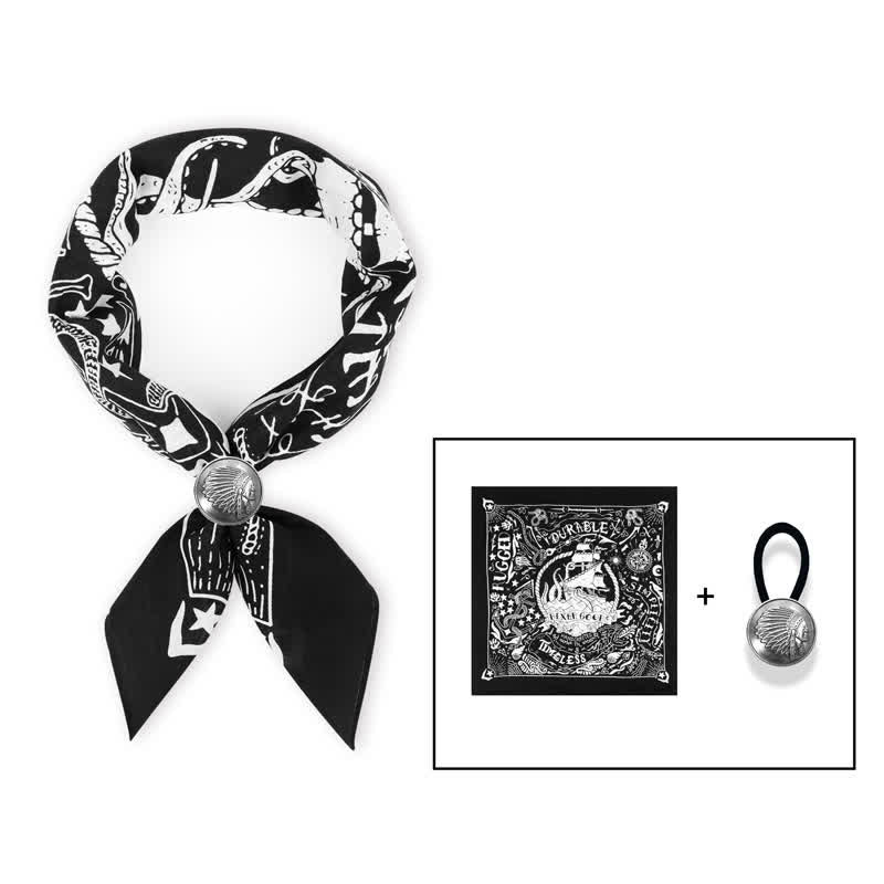 Marine Sailing Pattern Square Scarf with Scarf Buckle - Black - Coin Scarf Buckle - image 9