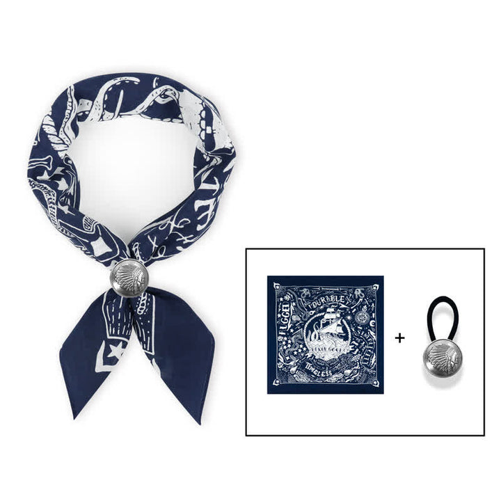 Marine Sailing Pattern Square Scarf with Scarf Buckle - Navy - Coin Scarf Buckle - image 3