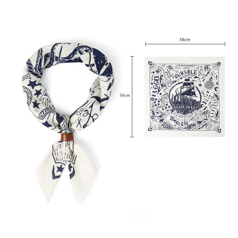 Marine Sailing Pattern Square Scarf with Scarf Buckle - White - Leather Scarf Buckle - image 6