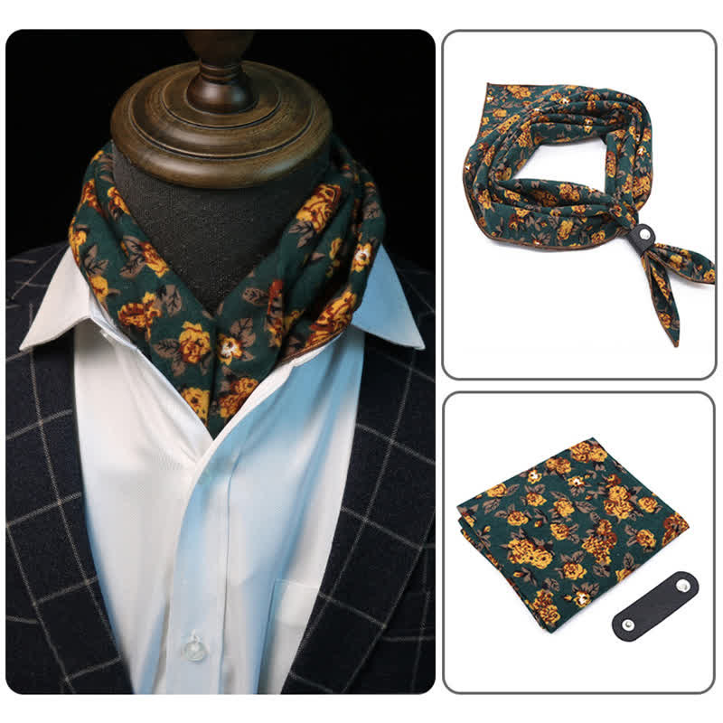 Dark Green & Yellow Floral Square Scarf with Scarf Buckle - Dark Green & Yellow - image 0