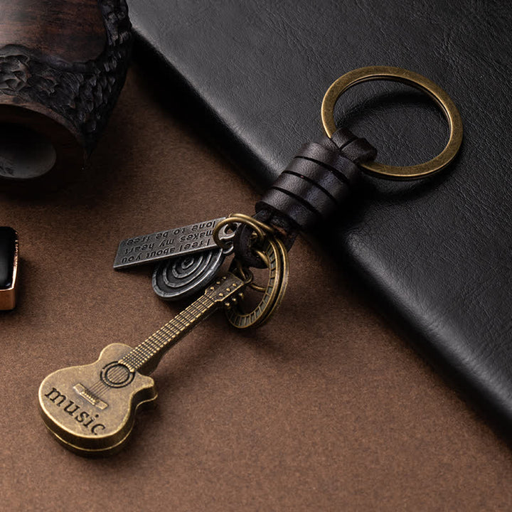 Cute Musical Guitar Pendant Leather Keychain - image 3