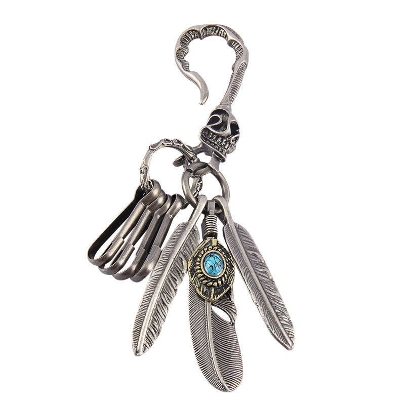 Boho Skull Feathers Blue Turquoise Leather Keychain - Style #1 - image 0