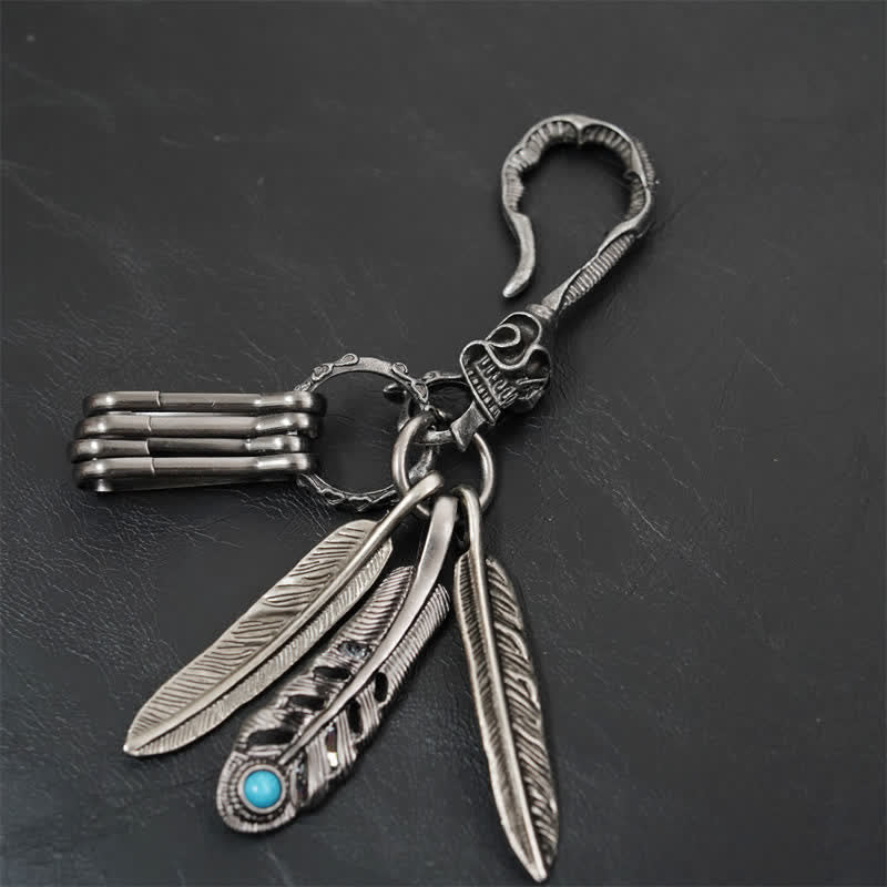 Boho Skull Feathers Blue Turquoise Leather Keychain - Style #2 - image 5