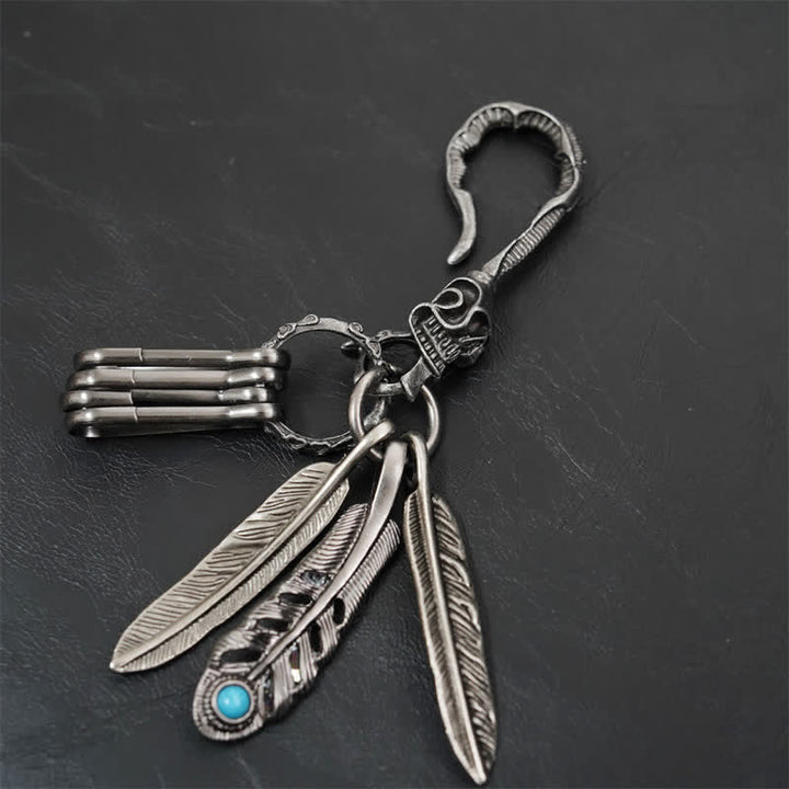 Boho Skull Feathers Blue Turquoise Leather Keychain - Style #2 - image 5