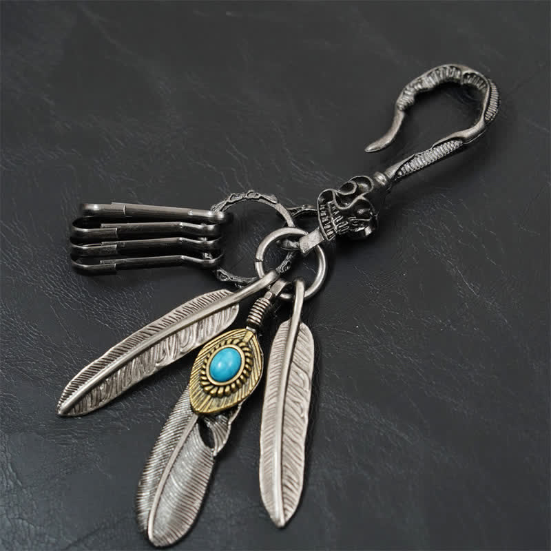 Boho Skull Feathers Blue Turquoise Leather Keychain - image 2