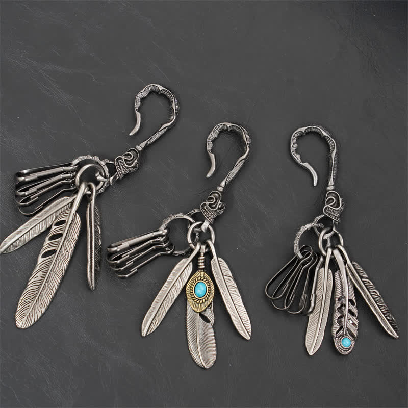 Boho Skull Feathers Blue Turquoise Leather Keychain - image 1