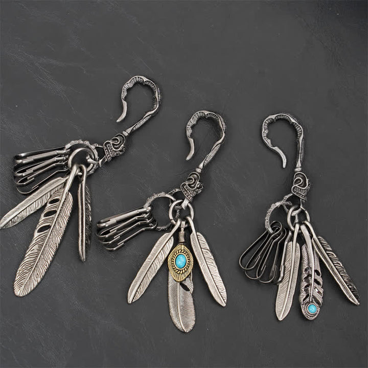 Boho Skull Feathers Blue Turquoise Leather Keychain - image 1