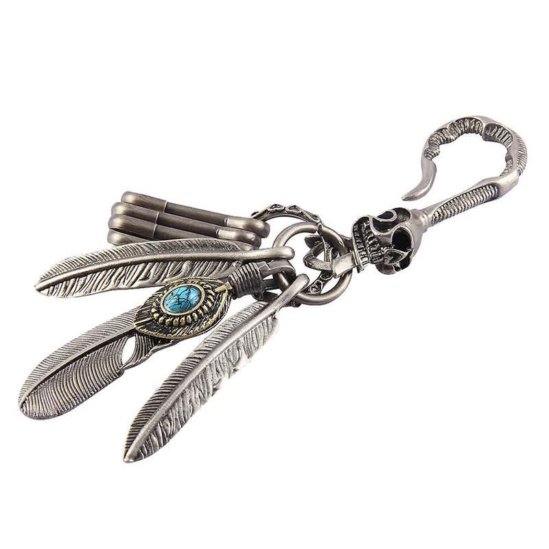 Boho Skull Feathers Blue Turquoise Leather Keychain - image 3