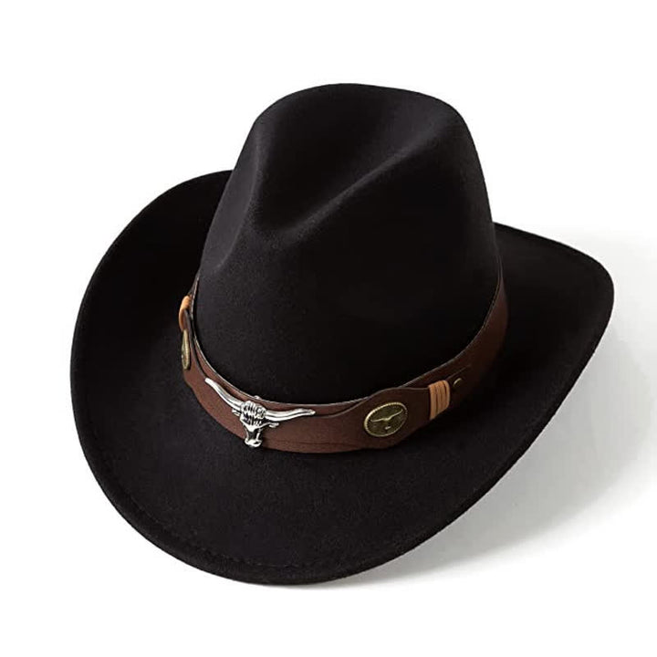 Western Wild Bull Ox Head Strap Felt Cowboy Hat - Black - M (22"-22 7/8") - image 0