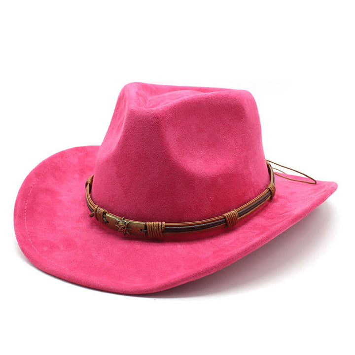 Ethnic Style Rope Decor Curved Brim Felt Cowboy Hat - Hot Pink - M (22"-22 7/8") - image 11