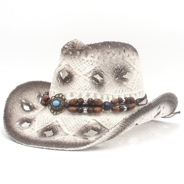 Boho Hollow-Out Beads String Cowboy Cowgirl Straw Hat - White - M (22"-22 7/8") - image 4