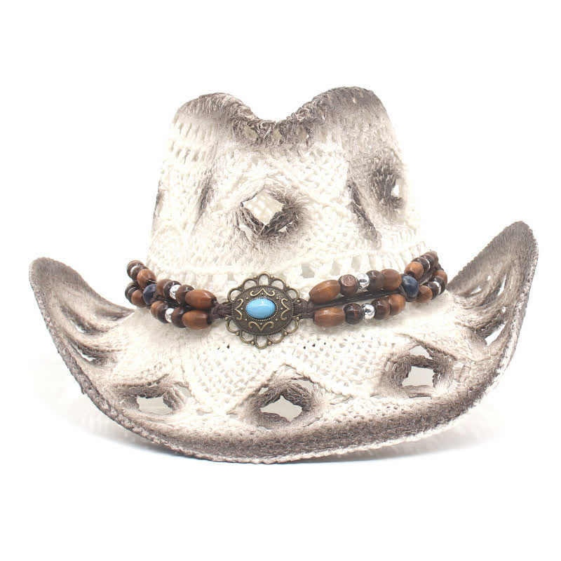 Boho Hollow-Out Beads String Cowboy Cowgirl Straw Hat - image 6