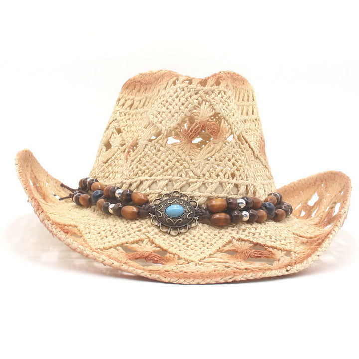Boho Hollow-Out Beads String Cowboy Cowgirl Straw Hat - image 10