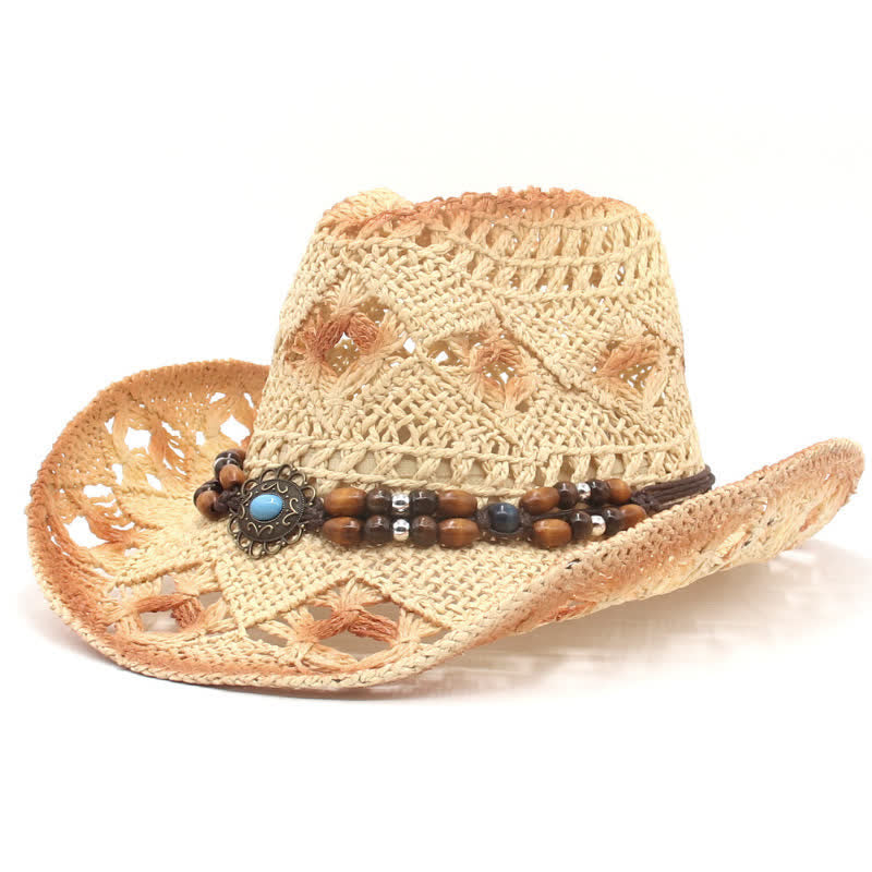 Boho Hollow-Out Beads String Cowboy Cowgirl Straw Hat - Beige - M (22"-22 7/8") - image 8