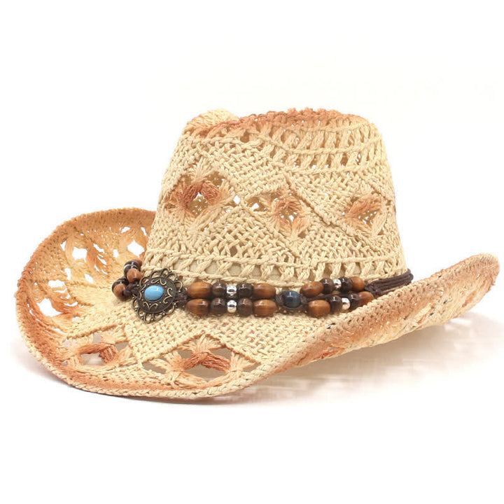 Boho Hollow-Out Beads String Cowboy Cowgirl Straw Hat - Beige - M (22"-22 7/8") - image 8
