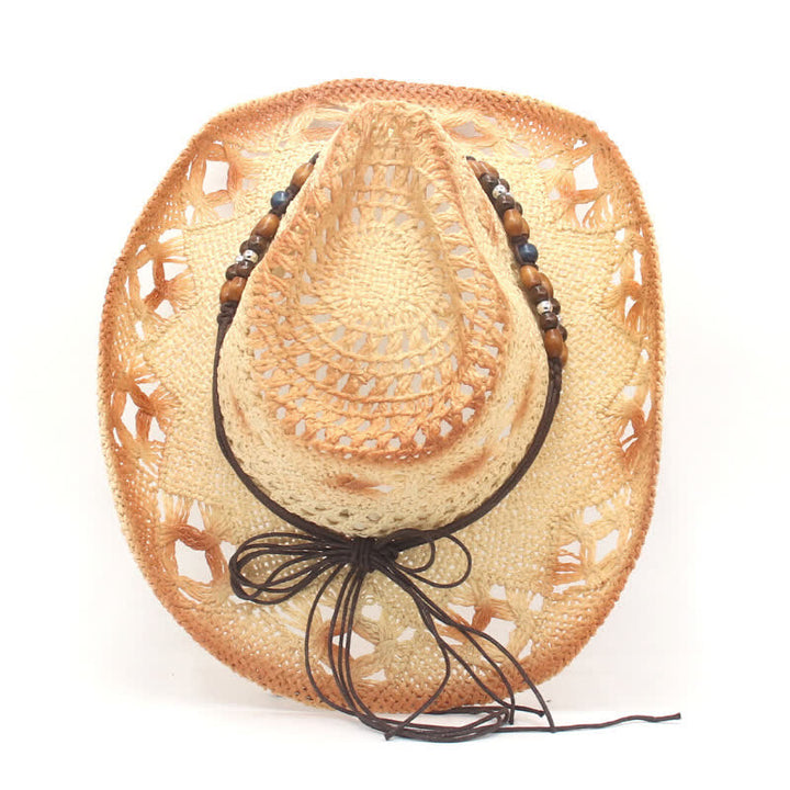 Boho Hollow-Out Beads String Cowboy Cowgirl Straw Hat - image 9