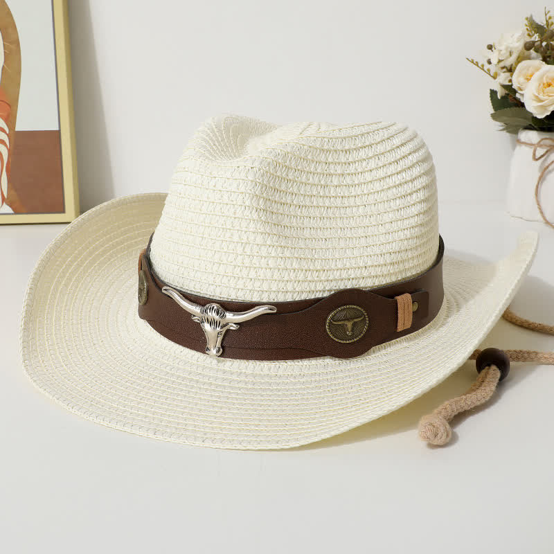 Cattle Decor Summer Beach Sunscreen Straw Hat - Ivory - M (22"-22 7/8") - image 3
