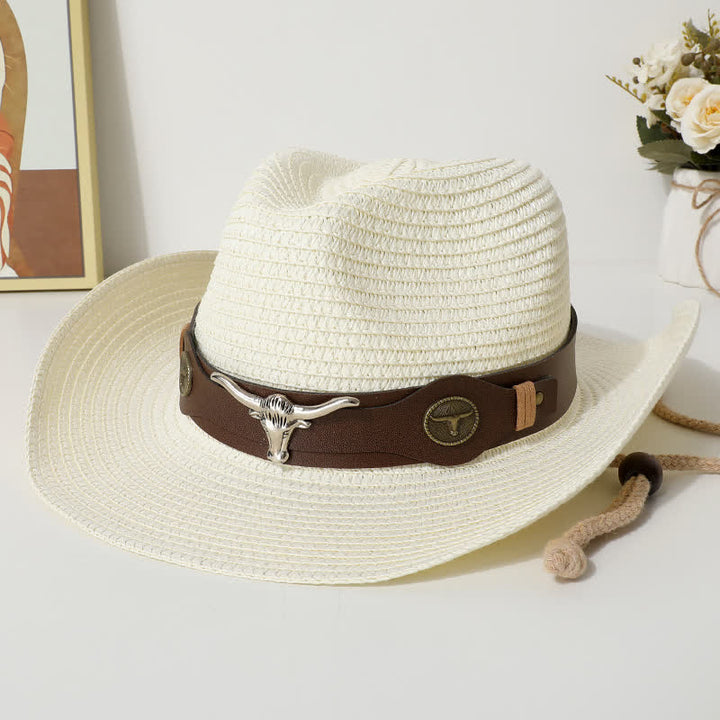 Cattle Decor Summer Beach Sunscreen Straw Hat - Ivory - M (22"-22 7/8") - image 3