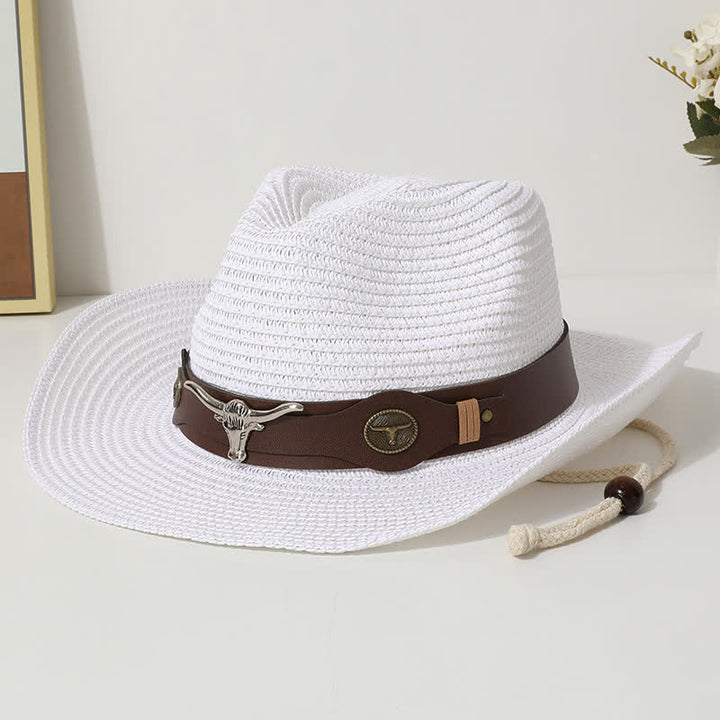 Cattle Decor Summer Beach Sunscreen Straw Hat - White - M (22"-22 7/8") - image 1