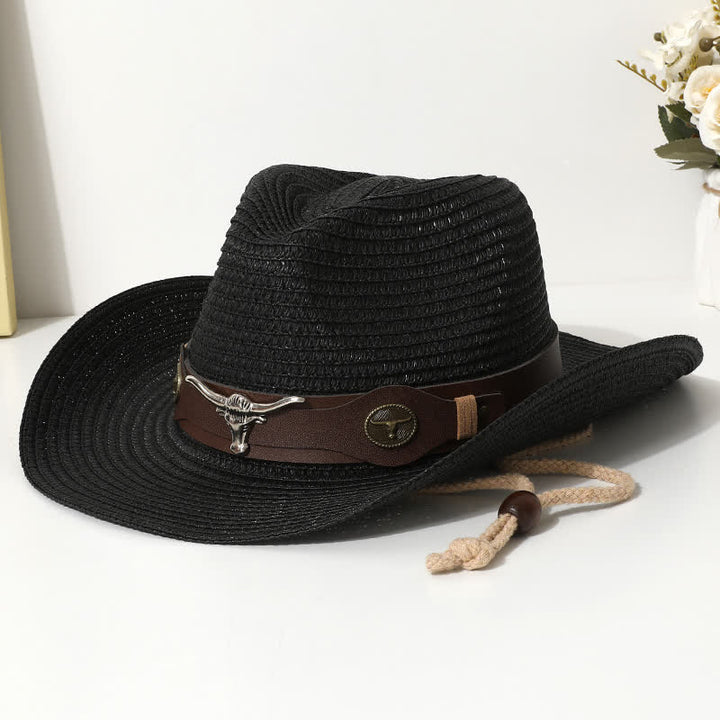 Cattle Decor Summer Beach Sunscreen Straw Hat - Black - M (22"-22 7/8") - image 2