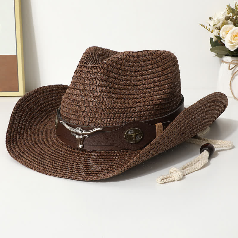 Cattle Decor Summer Beach Sunscreen Straw Hat - Coffee - M (22"-22 7/8") - image 5