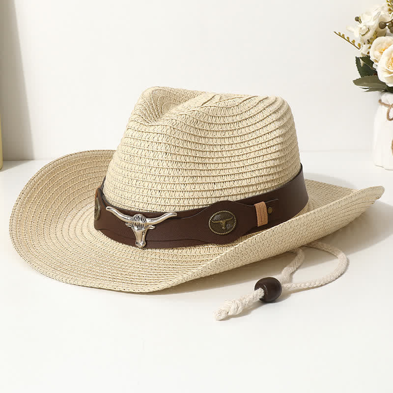 Cattle Decor Summer Beach Sunscreen Straw Hat - Beige - M (22"-22 7/8") - image 4