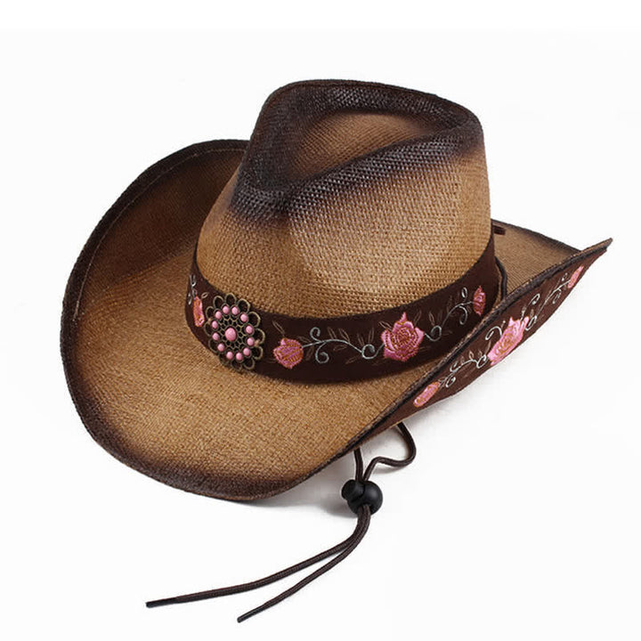 Pink Flower Western Party Cowgirl Cowboy Straw Hat - Brown - M (22"-22 7/8") - image 0