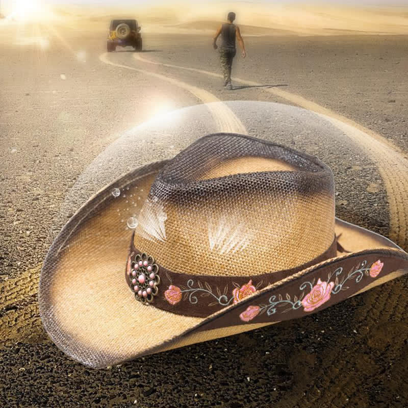 Pink Flower Western Party Cowgirl Cowboy Straw Hat - image 1