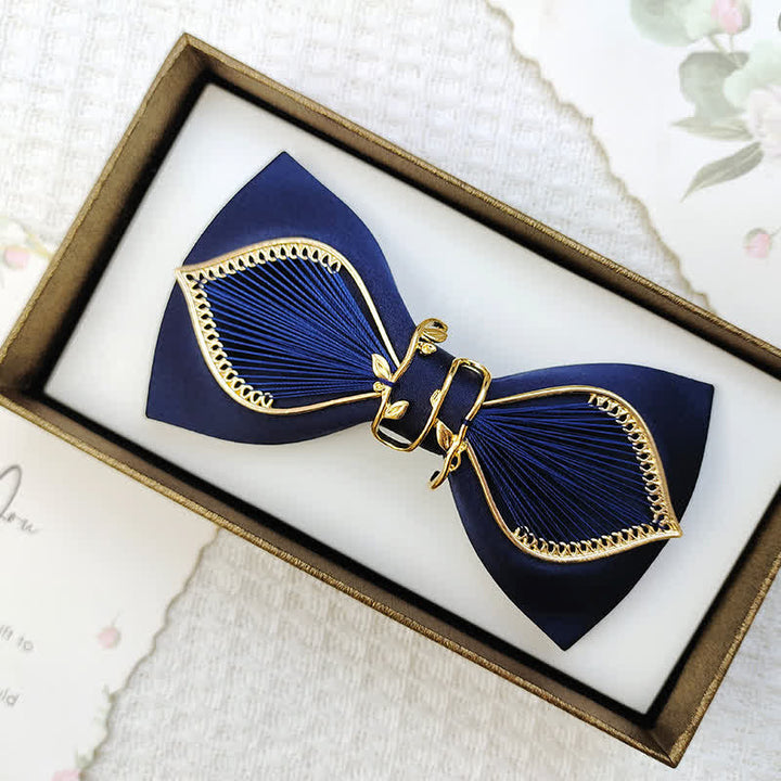 Men's Gold Bird Leaves Floral Pattern Wedding Bow Tie - Leaves - Navy - image 6