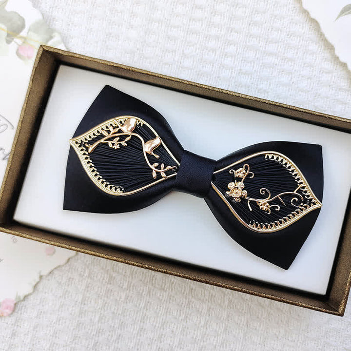 Men's Gold Bird Leaves Floral Pattern Wedding Bow Tie - Floral - Black - image 10