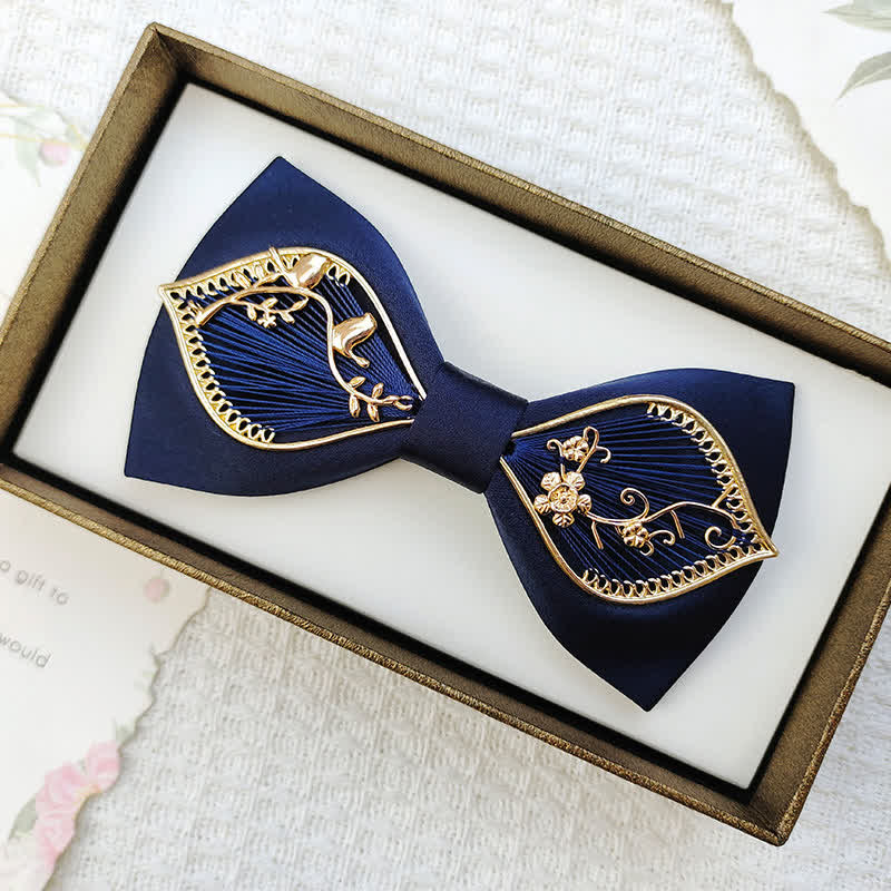 Men's Gold Bird Leaves Floral Pattern Wedding Bow Tie - Floral - Navy - image 7