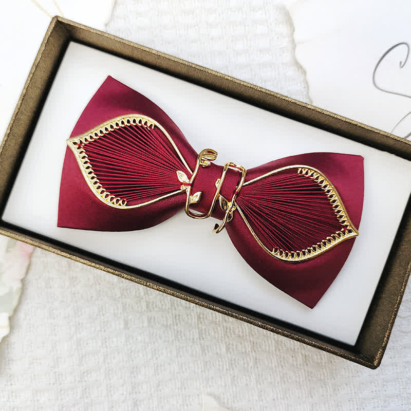 Men's Gold Bird Leaves Floral Pattern Wedding Bow Tie - Leaves - Burgundy - image 2