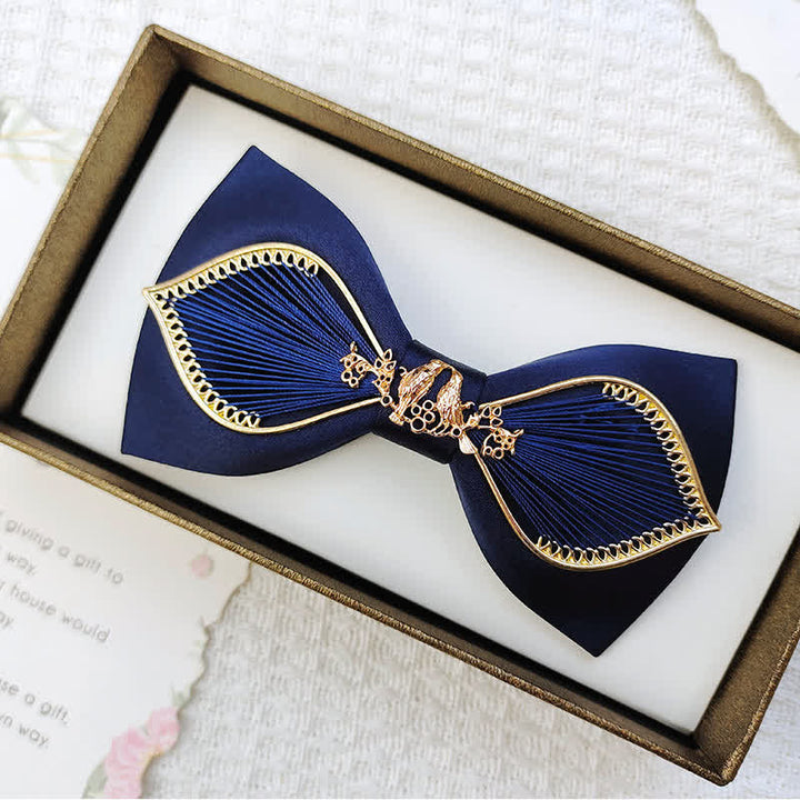 Men's Gold Bird Leaves Floral Pattern Wedding Bow Tie - Bird - Navy - image 5