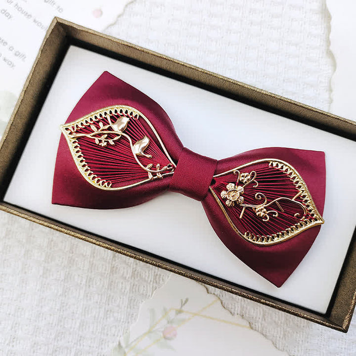 Men's Gold Bird Leaves Floral Pattern Wedding Bow Tie - Floral - Burgundy - image 3
