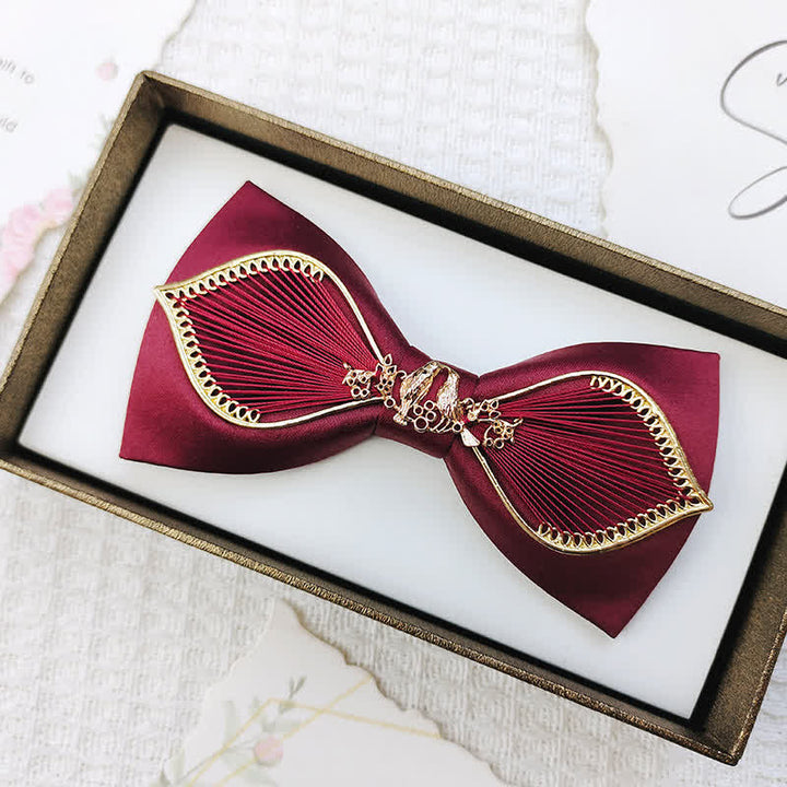 Men's Gold Bird Leaves Floral Pattern Wedding Bow Tie - Bird - Burgundy - image 1