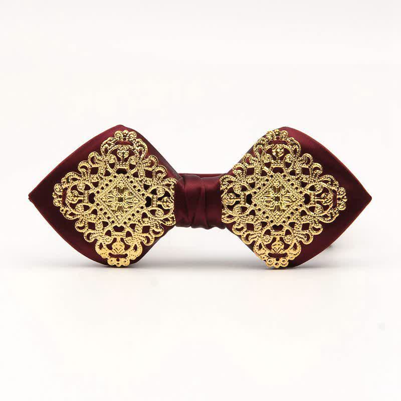 Men's Palace Pattern Gold Metal Pointed Bow Tie - Dark Red - image 1
